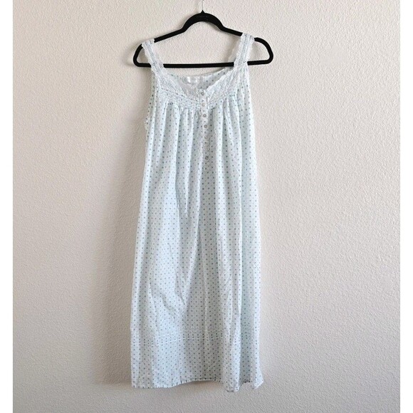 Eileen West sleeveless Ballet Length Nightgown Sz S Polka Dot Cotton Lace Trim - Picture 1 of 7
